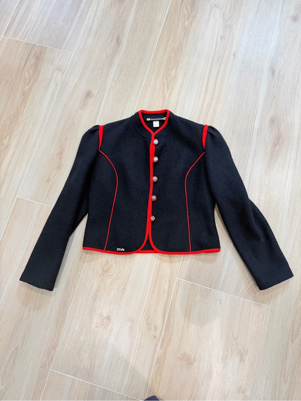 Vintage wool Black Women's military style Cropped Jacket with Red Trim